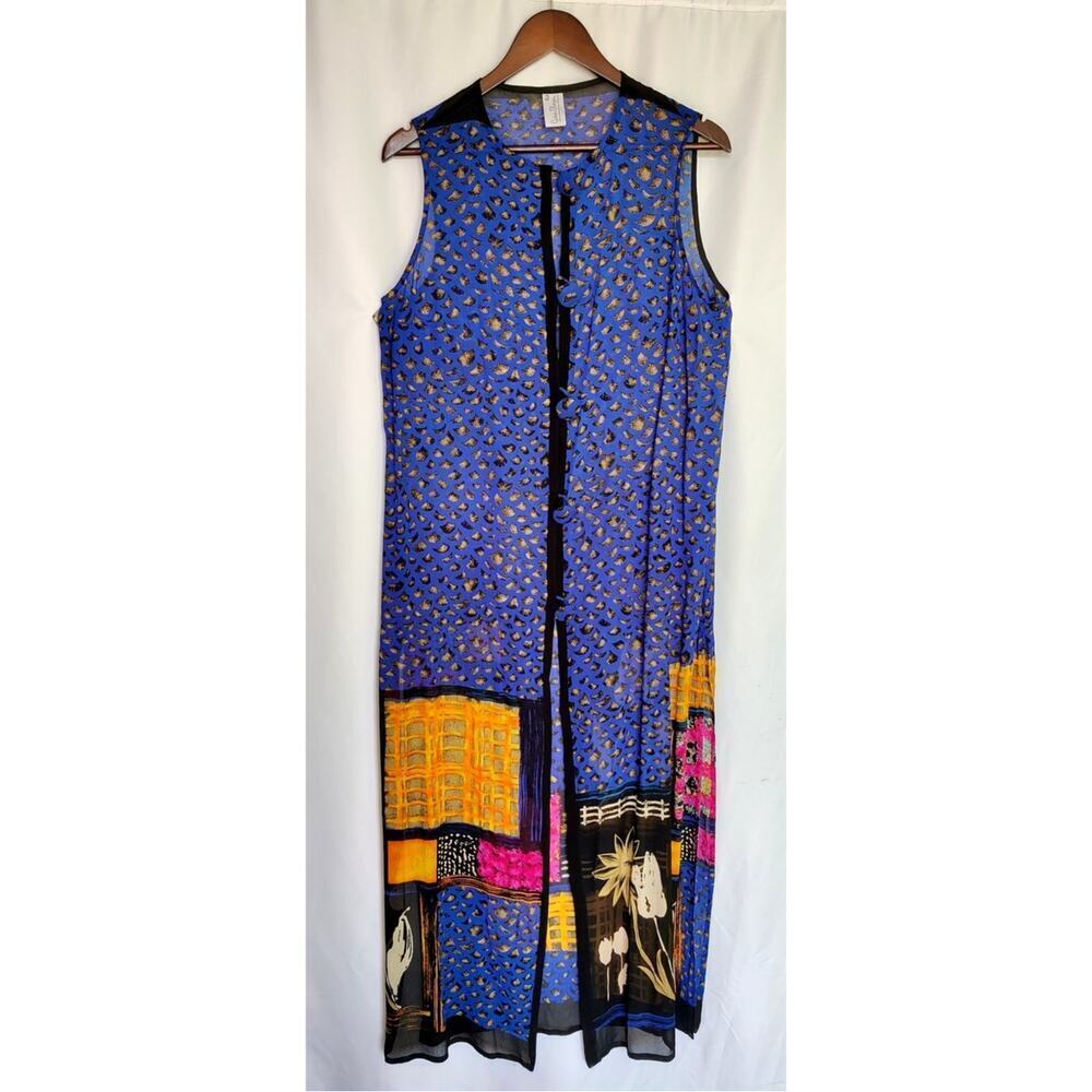 Gideon Oberson Sleeveless Longline Blue Cover‎ Up S Artsy Floral Novelty Print
